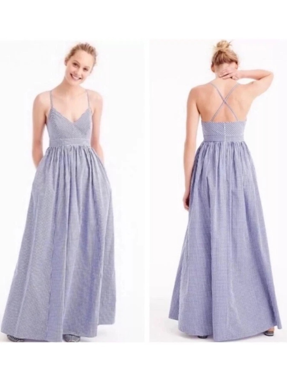 J. Crew Gingahm Blue White Check Long Maxi Sundress size 0 with pockets